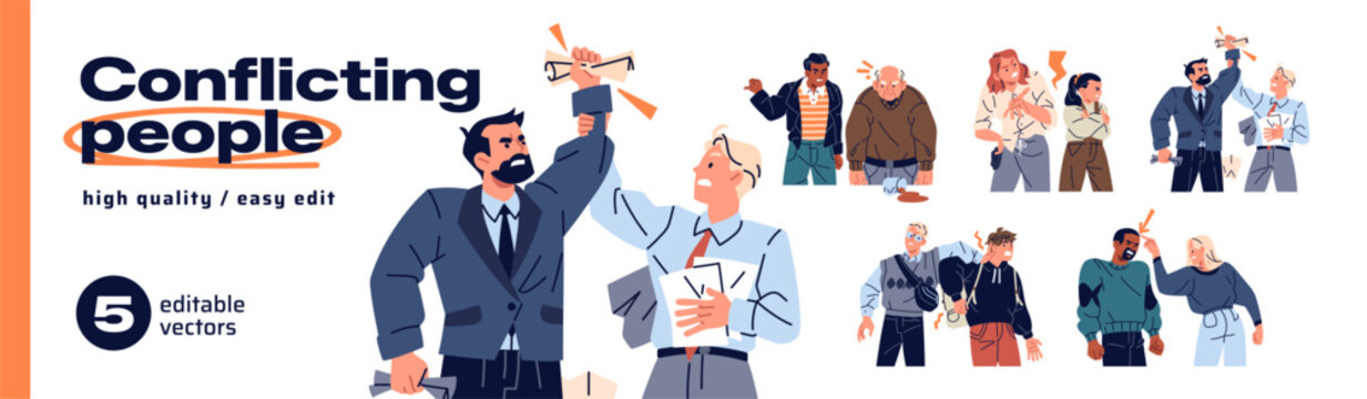 People conflict set. Angry men and women argue and quarrel. Characters have disagreement and communication problems. Expression of anger and conflicts in relationships. People are misunderstanding