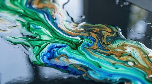 Abstract fluid art background with swirling colors of green blue and gold paint mixing on a dark reflective surface