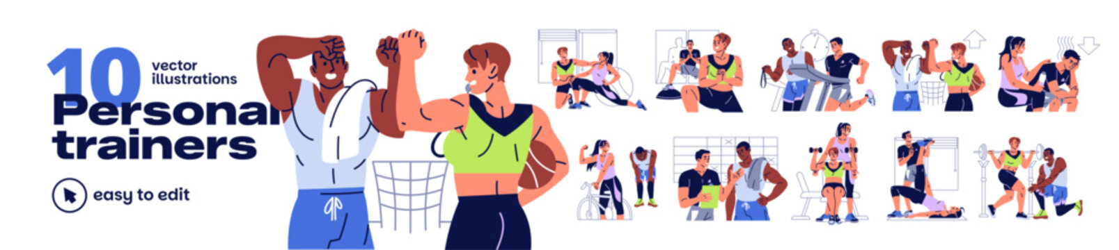Personal trainers set. Trainers of fitness gym are training people. Individual sports workout with coach. Characters do physical exercises in fitness gym. Coach helps men and women to keep fit