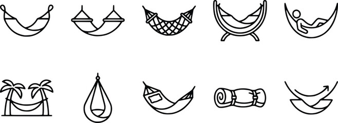 Obraz premium Hammock vector line icons set featuring camping swings portable hanging chairs and relaxing garden furniture for travel outdoor recreation and summer vacations.