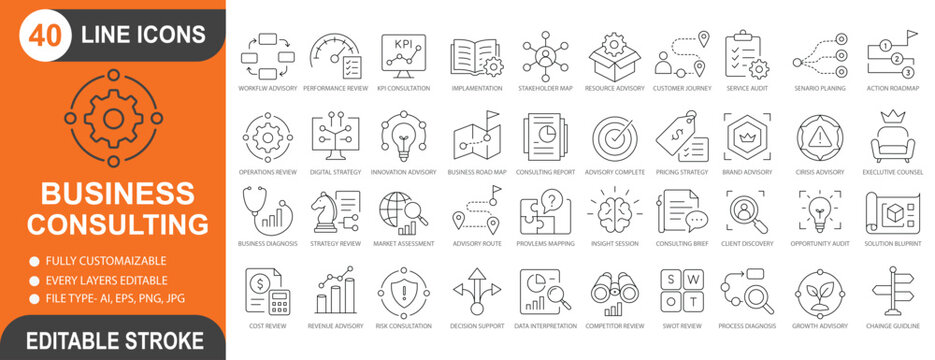 Business consulting line icon set with strategy, advisory, market analysis, client discovery, business planning and management symbols. Editable outline icons