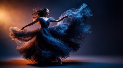 Obraz premium Elegant ballerina in big blue fluffy dress performs expressive dance move. Young woman moves gracefully with flowing tulle skirt in dark studio. Dramatic light creates magical atmosphere for artistic