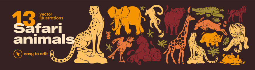Fototapeta premium Silhouettes of Safari animals. Set of jungle animals linocuts. Silhouettes of jungle plants, wild giraffe, African elephant, monkey and lions. Zoo of jungles set. Wildlife characters of Safari