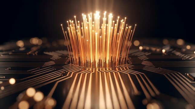 Abstract glowing fiber optics emerging from a complex circuit board representing data transmission and digital technology