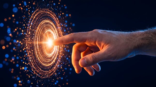 Human hand touching a glowing digital vortex of light particles and energy representing interaction with technology or data