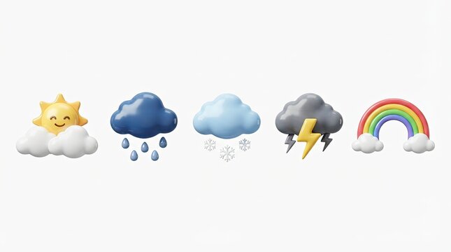 Set of cute 3D weather icons with smiling sun, rain cloud, snow cloud, thunderstorm lightning and rainbow on white background, forecast app design elements
