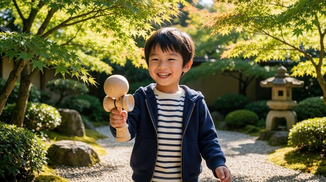 Smiling Japanese boy holds wooden kendama toy in green garden. Happy Asian child plays traditional game outdoors near stone lantern. Young kid enjoys childhood leisure activity among maple trees, zen