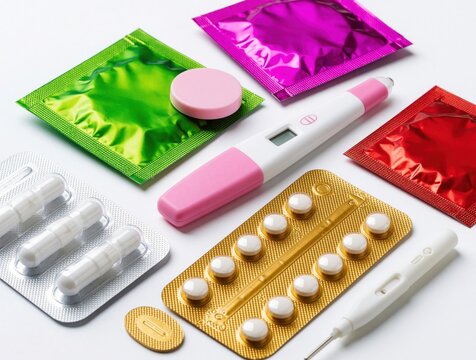 Various contraceptive methods, positive pregnancy test on white background. Assortment of pills, condoms in colorful foil, ovulation test kits. Concept of family planning, reproductive health care,