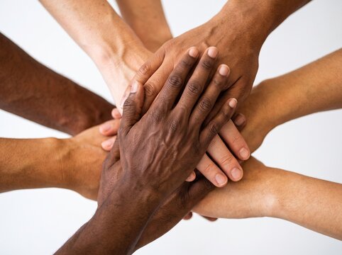 A diverse group of people stacking their hands together in a sign of unity and cooperation on white background with multiple hands varying