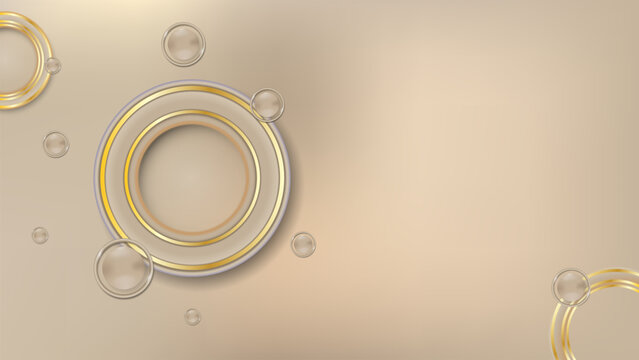 Elegant luxury beige background featuring metallic gold concentric rings and floating glass sphere orbs. Perfect for premium cosmetic displays, product showcases, and corporate presentations