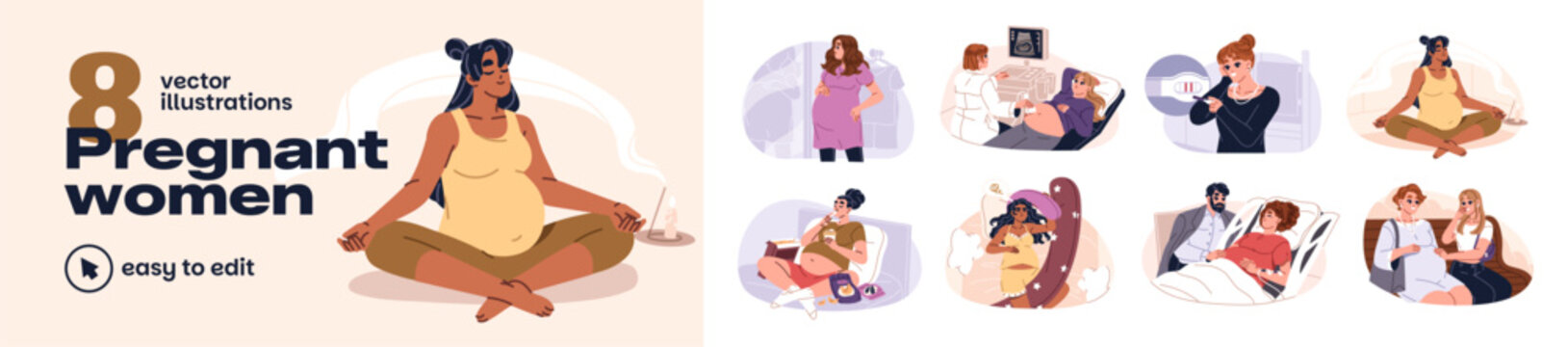 Pregnant women set. Pregnancy and motherhood. Happy pregnant women are happy for test, at screening, at partner childbirth. Expectant mothers care for health. Moms in pregnancy. Family and childbirth