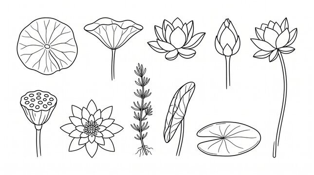 a flat vector illustration of lotus flowers lily pads and seed pods in black outline