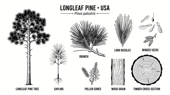 Very beautiful black and white realistic flat vector botanical collection featuring Longleaf Pine tree, sapling, branch, exceptionally long needles, winged seeds, pollen cones, wood grain and timber c