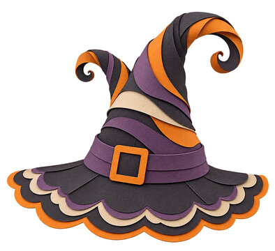 Isolated witch hat with twin curling tips and a layered scalloped brim in layered cardstock 3D papercut style on transparent background. Halloween graphic for invitations and seasonal design