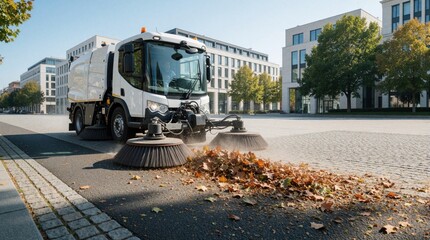 Obraz premium Modern street sweeper vehicle cleans urban paved plaza. Industrial cleaning machine uses rotating brushes to remove fallen autumn leaves, dust. Large white sweeper works on city street near tall