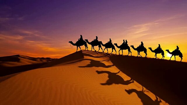 Silhouette shot of a camel caravan carrying people across golden sand dunes in a desert landscape during a dramatic purple and orange sunset