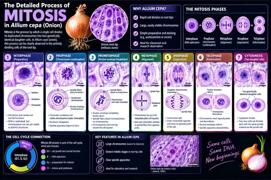 Detailed process of mitosis in Allium cepa onion educational chart, comprehensive cell division stages biology infographic, scientific plant cell mitosis phase poster for study and learning