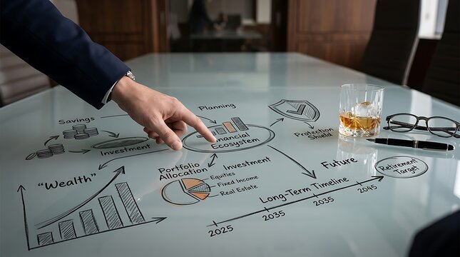 Business professional pointing at a financial ecosystem strategy diagram drawn on a glass conference table.