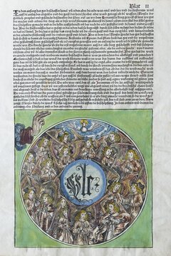 Angel, choir of angels and holy spirit in the world circle, blessing hand of the creator, creation of the earth, first day of creation, old coloured woodcut from: Schedel'sche Weltchronik also N&uuml;rnberger Chronik, German edition, incunabulum, Hartmann Schedel 1493