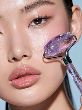 Asian woman performing a facial massage with amethyst crystal roller. Self-care spa treatment, cosmetology concept. Close-up fashion portrait for poster, advertising campaign 