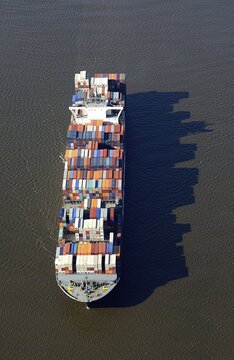Aerial view, Containership on Elbe River, Hamburg, Germany