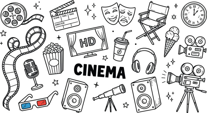Cinema and movie theater doodle elements collection with film reel projector popcorn clapperboard and screen vector