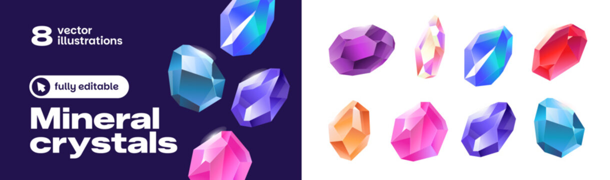Mineral crystals set. Shiny crystals and gems. Cartoon set of magic stone for game. Gem stones and jewels. Fantasy gemstones with glow. Bright diamonds, sapphires, amethysts and precious cristals