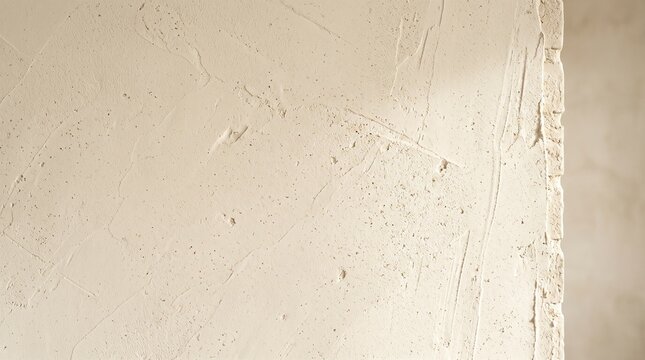 Textured lime cement plaster wall surface with a rough masonry edge