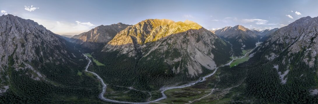Aerial view, Green Mountain Valley, Chon Kyzyl Suu, Tien-Shan Mountains, Kyrgyzstan