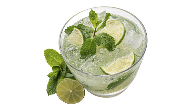 Refreshing summer iced green mojito cocktail beverage drink with lime mint isolated on transparent background