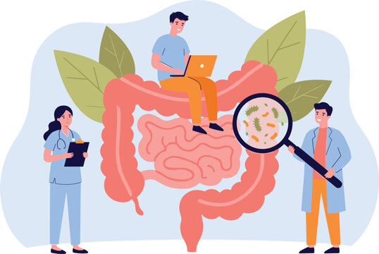 Medical doctors examining human intestine digestive system health and gut microbiota bacteria with magnifying glass flat vector illustration