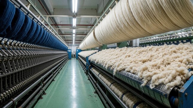Industrial textile machinery processes raw wool in factory. Large rolls of blue, white fiber move through spinning equipment. Automated production line creates yarn inside modern spinning mill. Heavy
