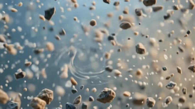 Cinematic floating rocks and debris in zero gravity, abstract space background, 3D motion simulation