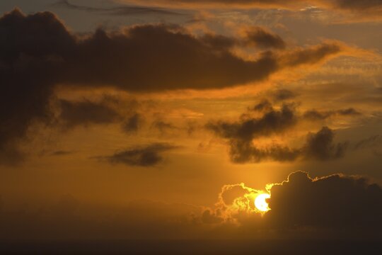 Dramatic light mood, clouds, sunset over the sea, Eysturoy, Faroe Islands, Denmark