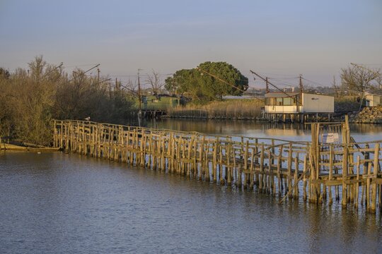 Simple wooden bridge to an island, Comacchio, Ferrara Province, Italy