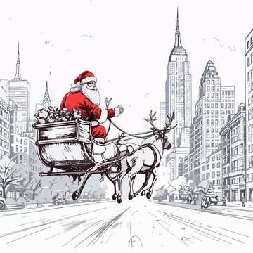 Santa claus flying sleigh above new york city