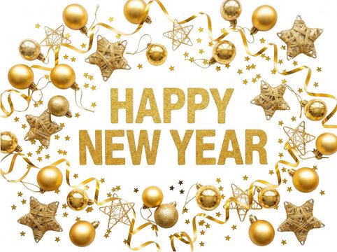 Happy new year gold text with baubles transparent background