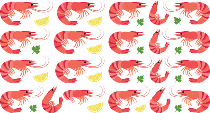 Fresh Shrimp and Prawn Seafood Vector Pattern with Lemon and Parsley for Restaurant Menus