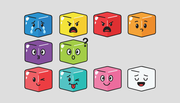 Collection of ten colorful ice cube characters with various facial expressions, including crying, angry, winking, and sleeping.