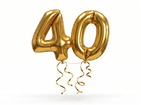 Shiny gold foil balloons shaped like the number forty floating against a plain white background with ribbons attached with metallic gold