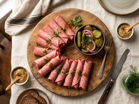 Rolled bologna slices with pickles and mustard on a wooden board 