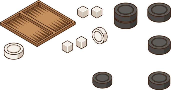 Isometric Backgammon Board Game Vector Set with Wooden Board Dice and Checker Game Pieces