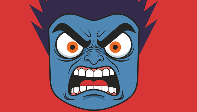 Close-up portrait of an extremely angry blue monster showing rage with wide glowing orange eyes and clenching white teeth.