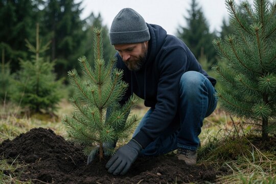 Man in blue hoodie, beanie plants small conifer sapling in forest. Person wearing gloves kneels on ground to grow new pine tree. Environmentalist works outdoors in woods to support reforestation, eco