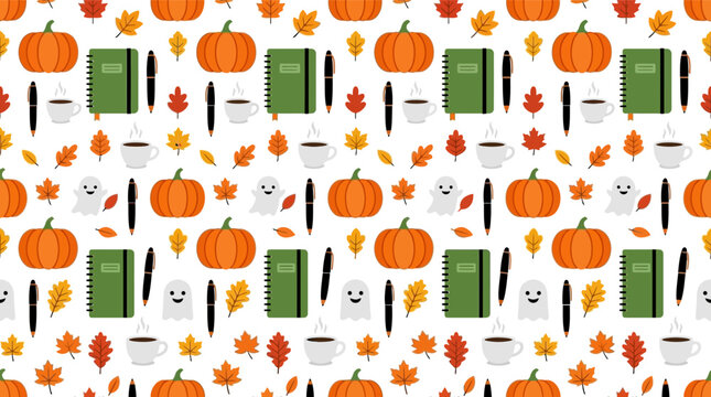 Seamless autumn vector pattern featuring orange pumpkins, green spiral notebooks, black pens, steaming coffee cups, colorful fall leaves, and cute ghosts on a white background.