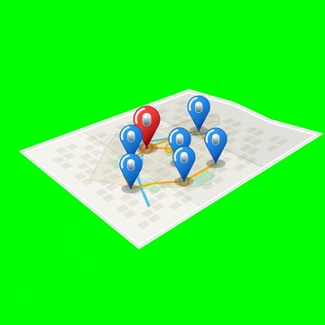 Isometric paper map of India on a green screen background, with glossy 3D location pins dropping in one by one &mdash; starting with the capital New Delhi &mdash; bouncing on impact and spinning to face camera. D