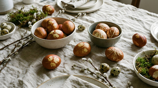 Traditional brown onion skin dyed Easter eggs decorated with leaf prints on a linen tablecloth