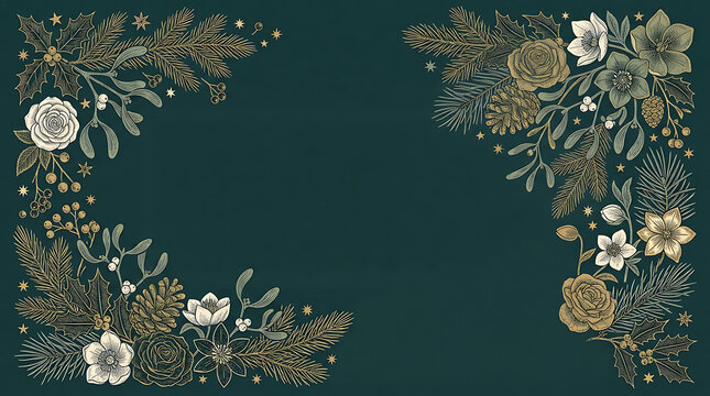 Luxury Christmas botanical frame with gold pine branches and winter