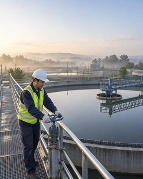 Operator turning a valve on a catwalk at a water treatment plant at sunrise