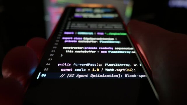Programmer holds a smartphone displaying automated scripts in a vibe coding workflow. Ambient screen glow illuminates the hand while lines of syntax advance across the dark interface.